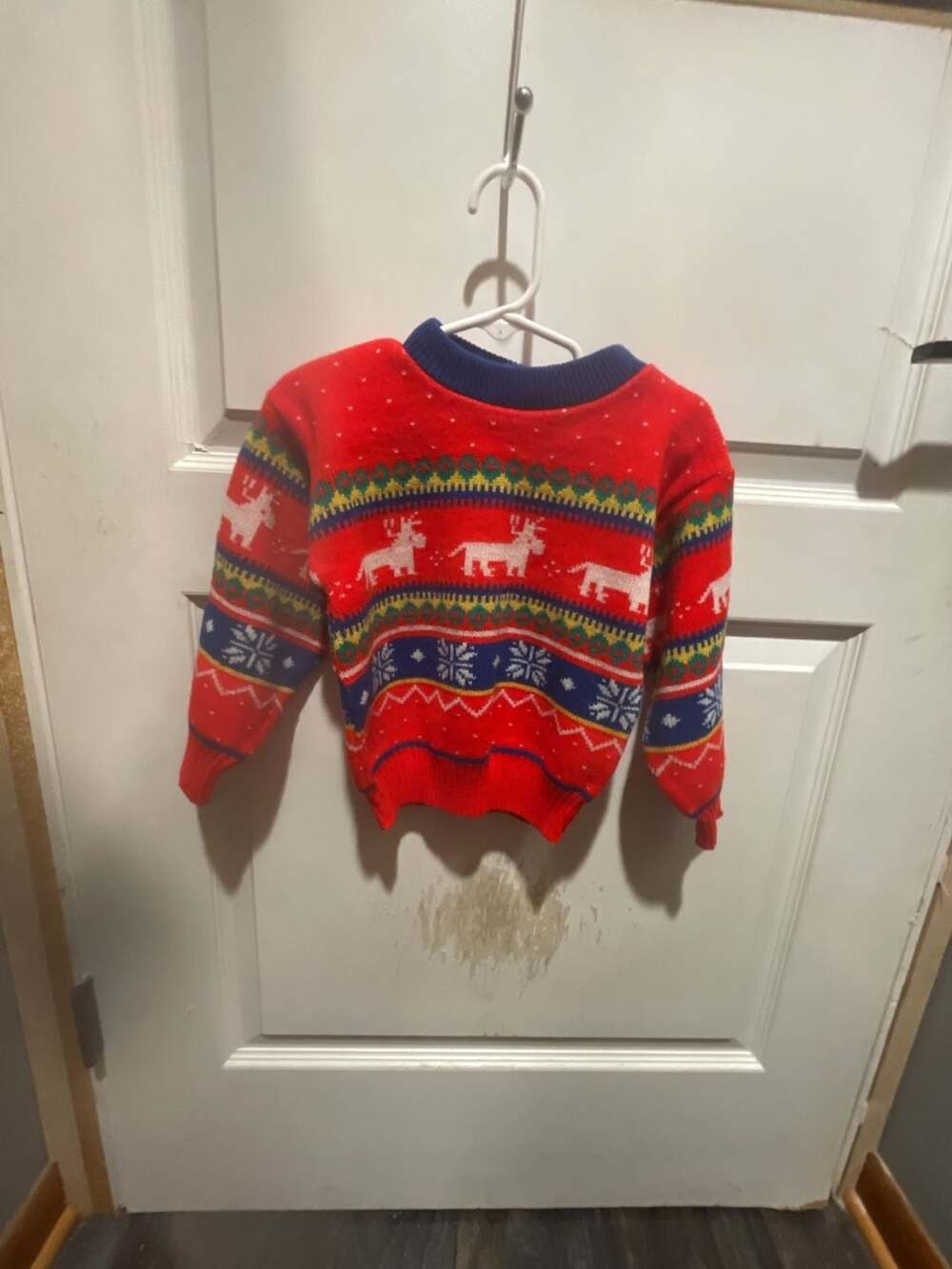 Vintage Kids Christmas Sweater Size 5-6 Red Reindeer Fair Isle Knit Pullover